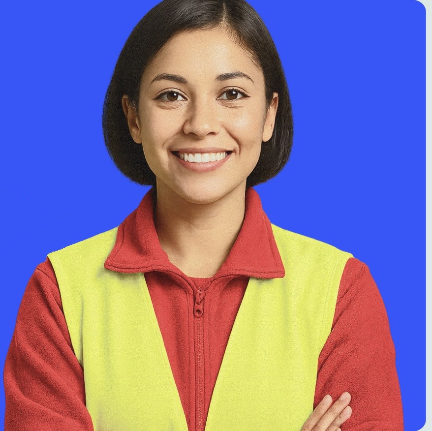 Candidata sonriente con uniforme de trabajo